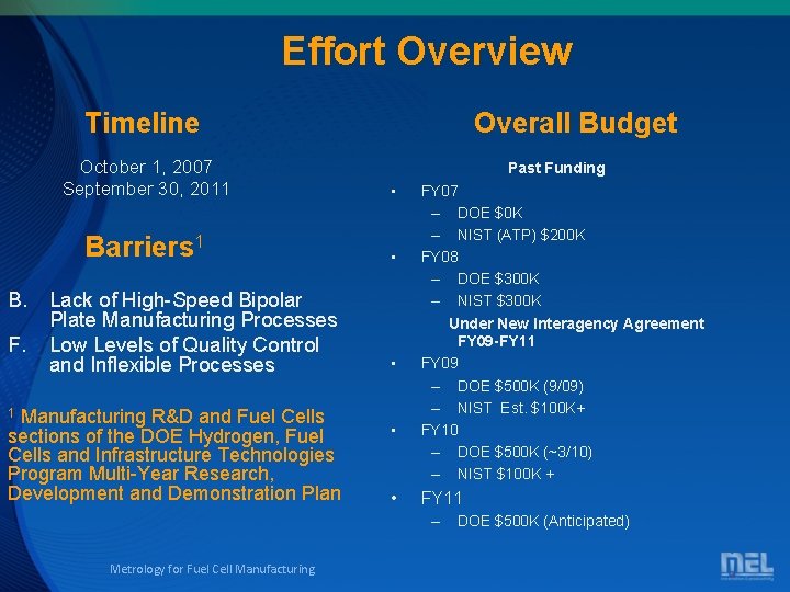 Effort Overview Timeline Overall Budget October 1, 2007 September 30, 2011 • Barriers 1