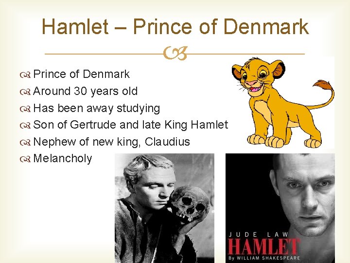 Hamlet – Prince of Denmark Around 30 years old Has been away studying Son