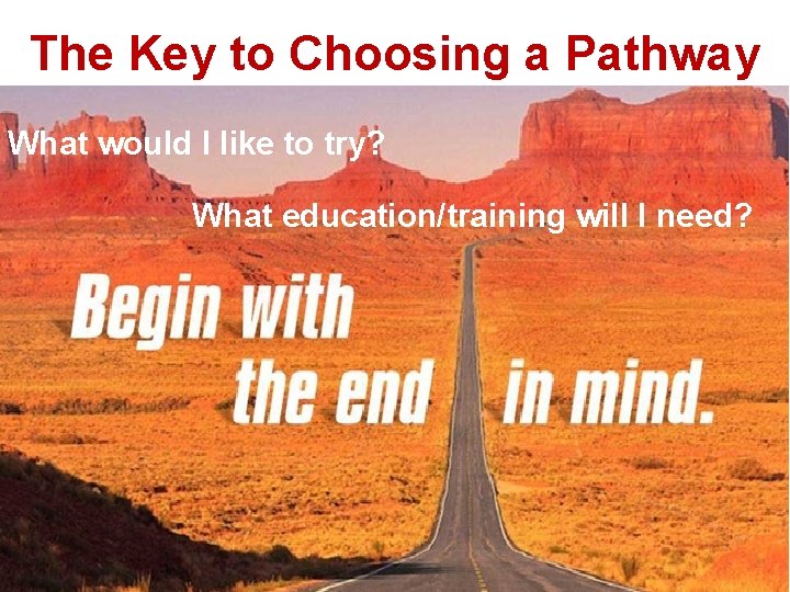 The Key to Choosing a Pathway What would I like to try? What education/training