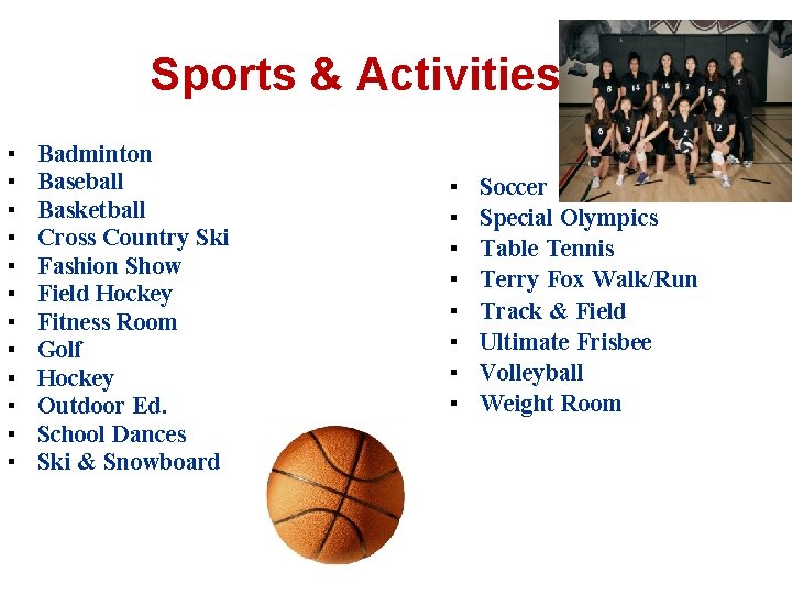 Sports & Activities ▪ ▪ ▪ Badminton Baseball Basketball Cross Country Ski Fashion Show