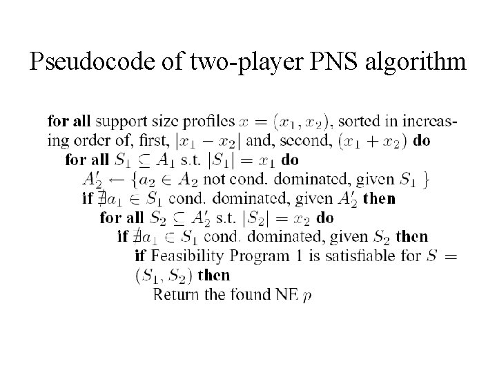 Pseudocode of two-player PNS algorithm 