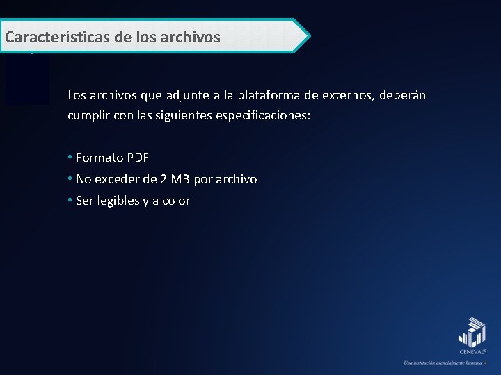 Características de los archivos Los archivos que adjunte a la plataforma de externos, deberán