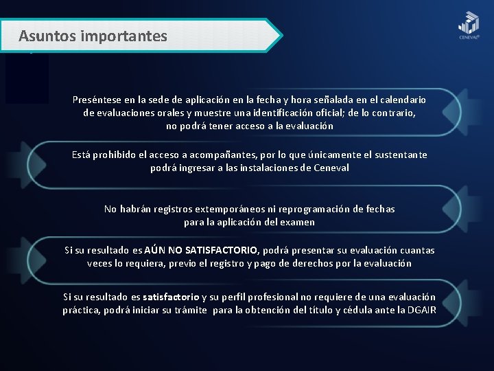 Asuntos importantes Preséntese en la sede de aplicación en la fecha y hora señalada