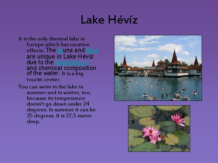 Lake Hévíz It is the only thermal lake in Europe which has curative effects.