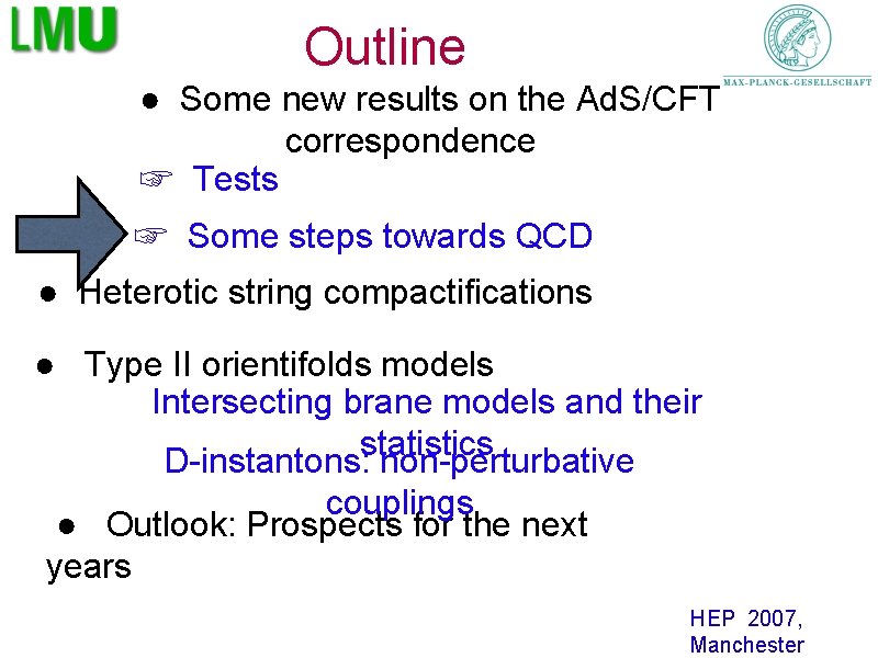 Outline ● Some new results on the Ad. S/CFT correspondence ☞ Tests ☞ Some
