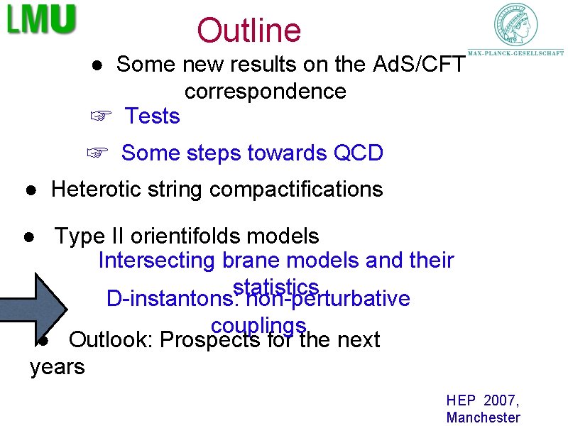 Outline ● Some new results on the Ad. S/CFT correspondence ☞ Tests ☞ Some