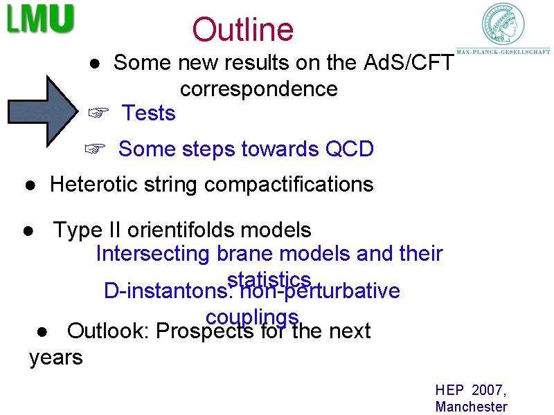 Outline ● Some new results on the Ad. S/CFT correspondence ☞ Tests ☞ Some