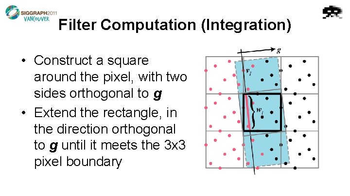 Filter Computation (Integration) • Construct a square around the pixel, with two sides orthogonal