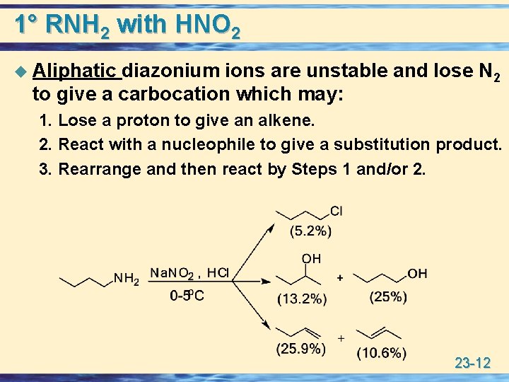 1° RNH 2 with HNO 2 u Aliphatic diazonium ions are unstable and lose