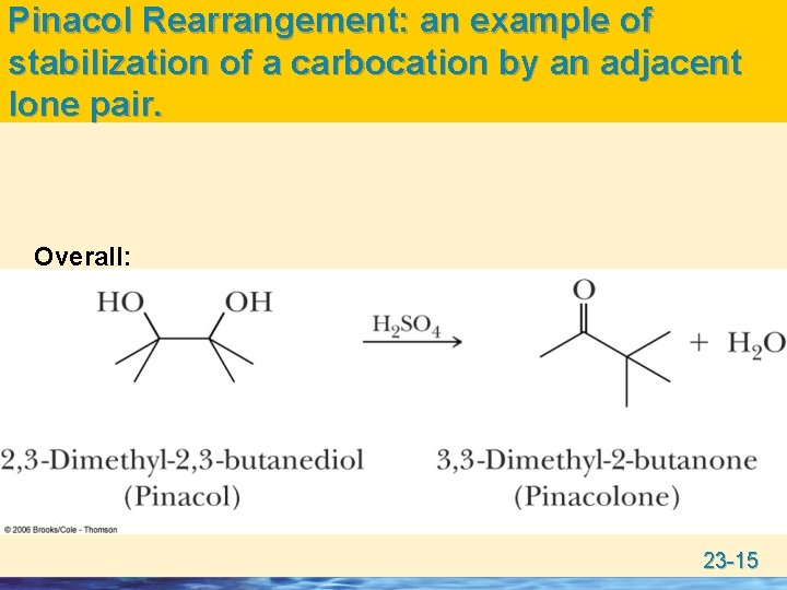 Pinacol Rearrangement: an example of stabilization of a carbocation by an adjacent lone pair.