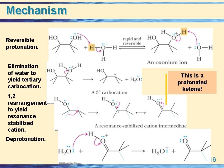 Mechanism Reversible protonation. Elimination of water to yield tertiary carbocation. This is a protonated