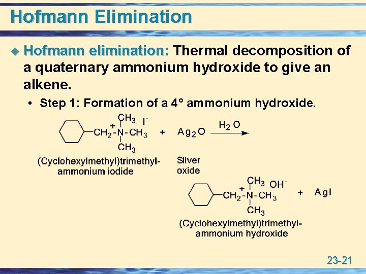 Hofmann Elimination u Hofmann elimination: Thermal decomposition of a quaternary ammonium hydroxide to give