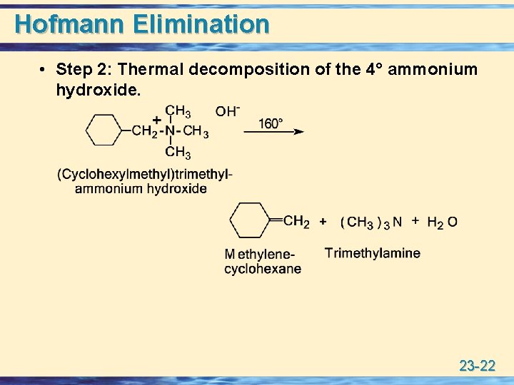 Hofmann Elimination • Step 2: Thermal decomposition of the 4° ammonium hydroxide. 23 -22