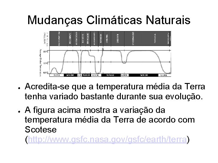 Mudanças Climáticas Naturais ● ● Acredita-se que a temperatura média da Terra tenha variado