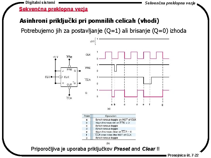 Digitalni sistemi Sekvenčna preklopna vezja Asinhroni priključki pri pomnilih celicah (vhodi) Potrebujemo jih za