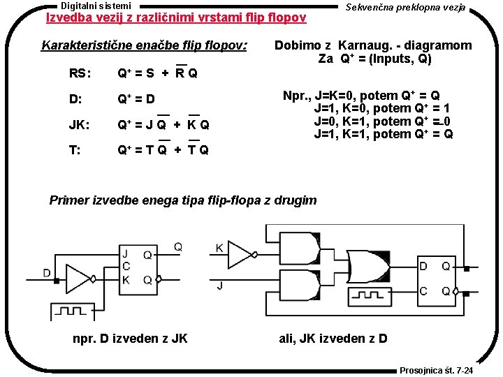 Digitalni sistemi Izvedba vezij z različnimi vrstami flip flopov Karakteristične enačbe flip flopov: RS: