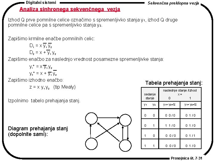 Digitalni sistemi Sekvenčna preklopna vezja Analiza sinhronega sekvenčnega vezja Izhod Q prve pomnilne celice