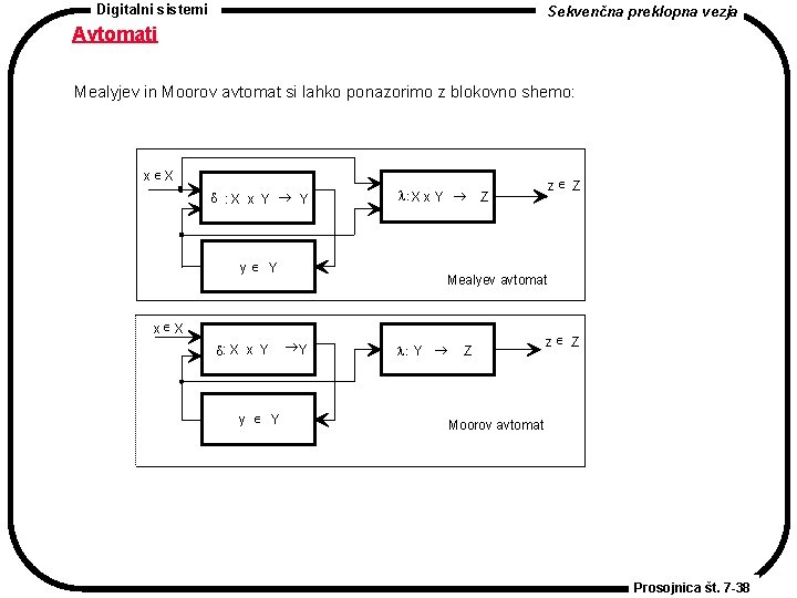 Digitalni sistemi Sekvenčna preklopna vezja Avtomati Mealyjev in Moorov avtomat si lahko ponazorimo z