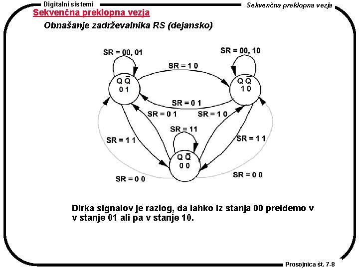 Digitalni sistemi Sekvenčna preklopna vezja Obnašanje zadrževalnika RS (dejansko) Sekvenčna preklopna vezja Dirka signalov