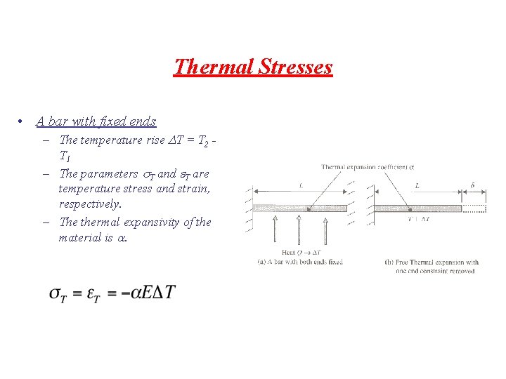 Thermal Stresses • A bar with fixed ends – The temperature rise DT =