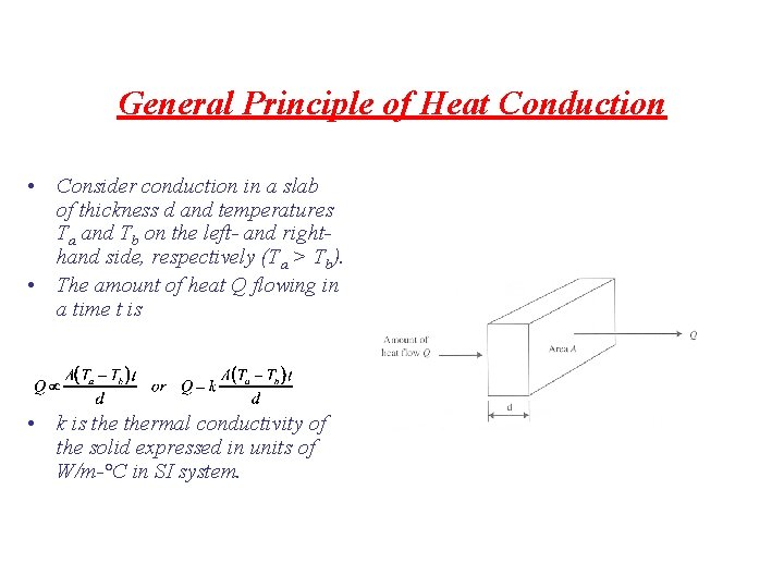 General Principle of Heat Conduction • Consider conduction in a slab of thickness d