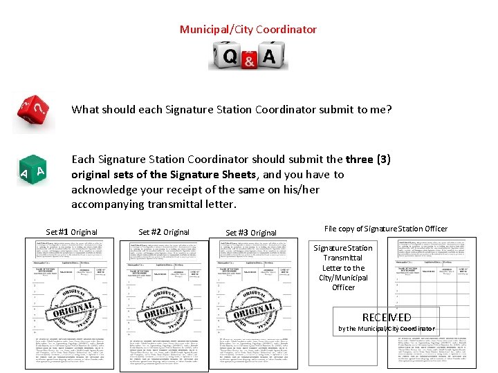 Municipal/City Coordinator What should each Signature Station Coordinator submit to me? A A Each