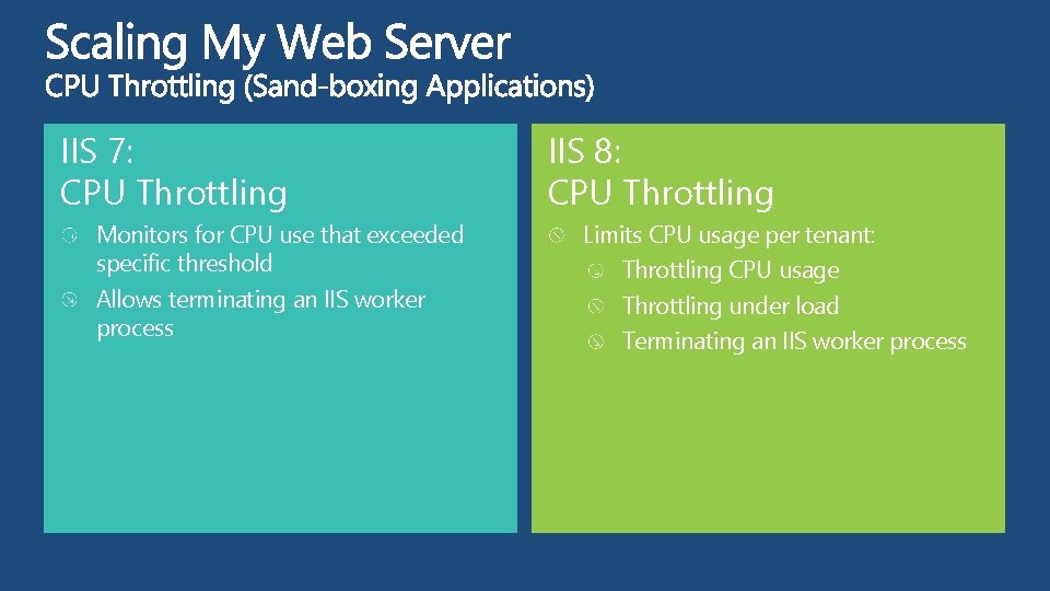 IIS 7: CPU Throttling Monitors for CPU use that exceeded specific threshold Allows terminating