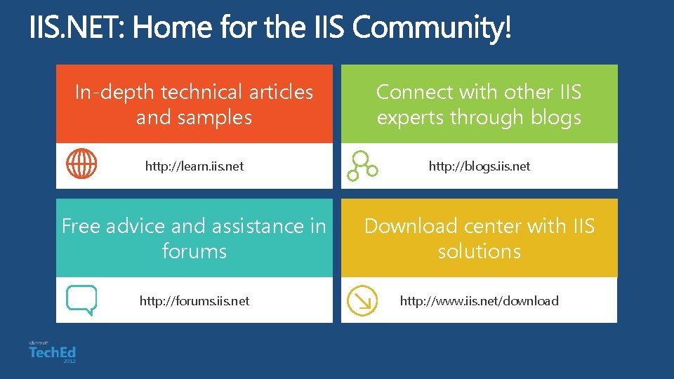 In-depth technical articles and samples Connect with other IIS experts through blogs http: //learn.