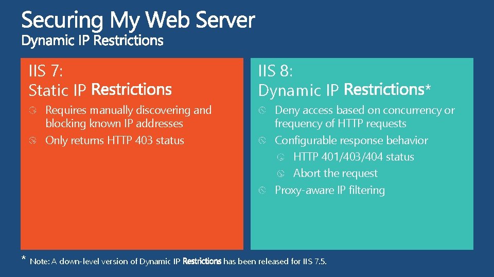 IIS 7: Static IP Requires manually discovering and blocking known IP addresses Only returns