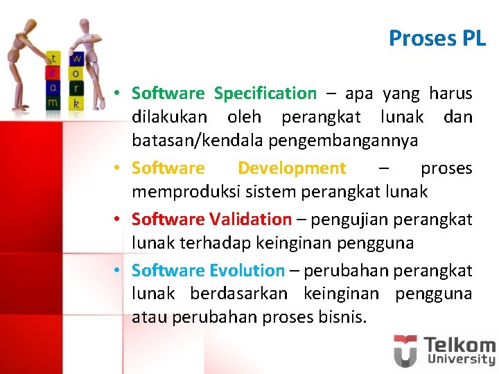 Proses PL • Software Specification – apa yang harus dilakukan oleh perangkat lunak dan