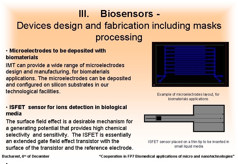 III. Biosensors Devices design and fabrication including masks processing • Microelectrodes to be deposited