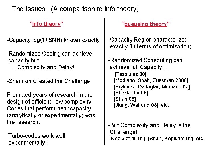 The Issues: (A comparison to info theory) “info theory” -Capacity log(1+SNR) known exactly -Randomized