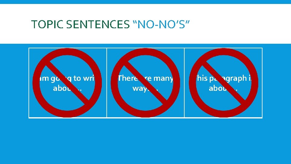 TOPIC SENTENCES “NO-NO’S” I am going to write about… There are many ways… This