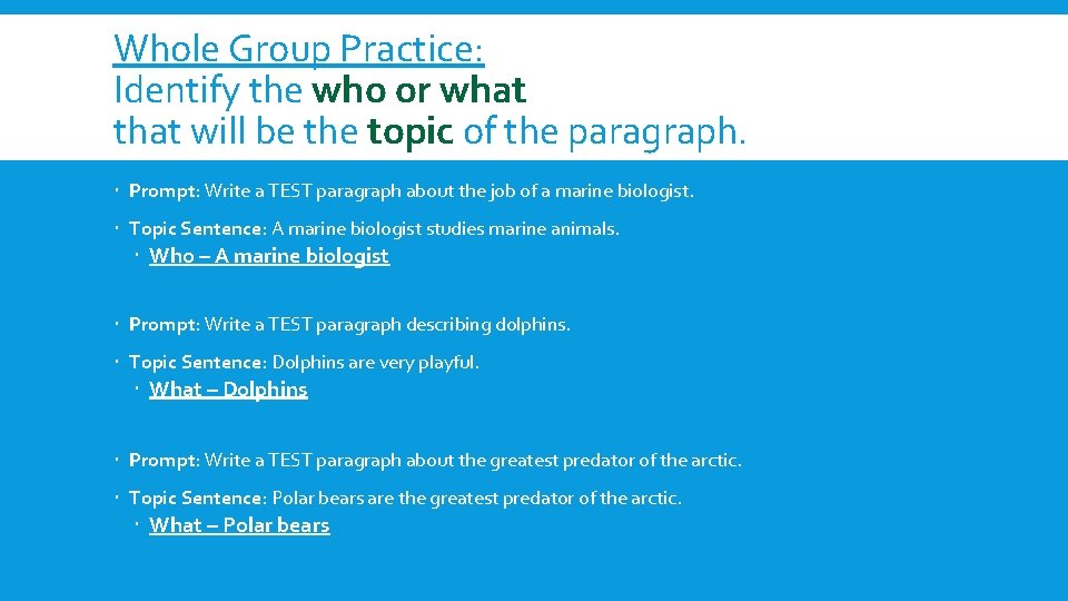 Whole Group Practice: Identify the who or what that will be the topic of