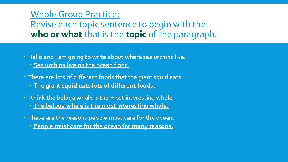 Whole Group Practice: Revise each topic sentence to begin with the who or what