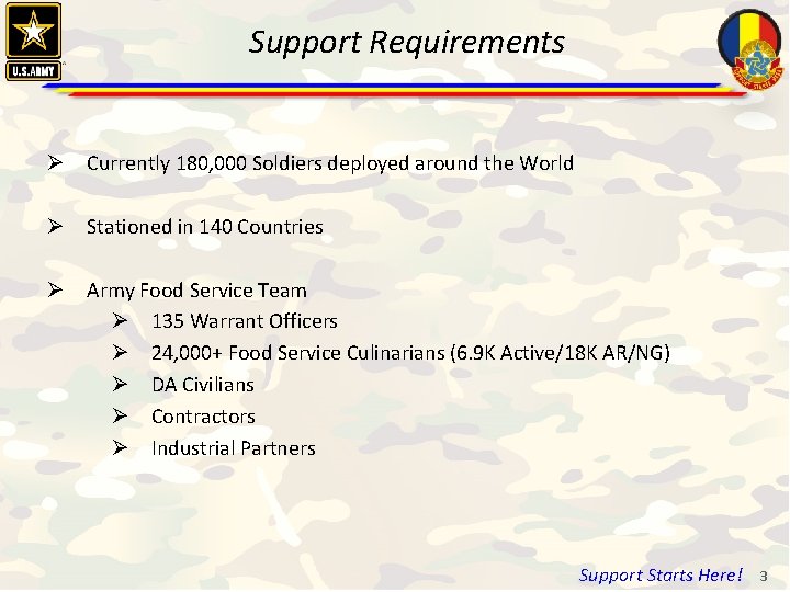 Support Requirements Ø Currently 180, 000 Soldiers deployed around the World Ø Stationed in Support Requirements Ø Currently 180, 000 Soldiers deployed around the World Ø Stationed in