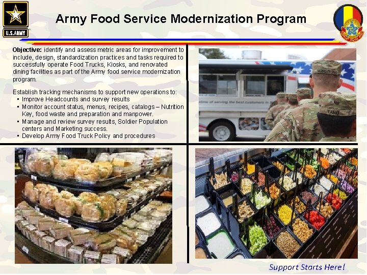 Army Food Service Modernization Program Objective: identify and assess metric areas for improvement to Army Food Service Modernization Program Objective: identify and assess metric areas for improvement to