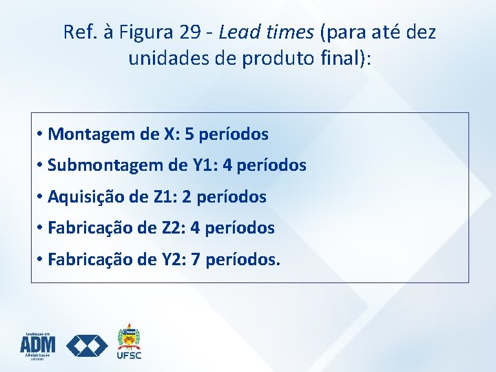 Ref. à Figura 29 - Lead times (para até dez unidades de produto final):