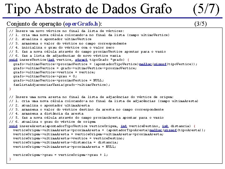 Tipo Abstrato de Dados Grafo (5/7) Conjunto de operação (oper. Grafo. h): (3/5) // Tipo Abstrato de Dados Grafo (5/7) Conjunto de operação (oper. Grafo. h): (3/5) //