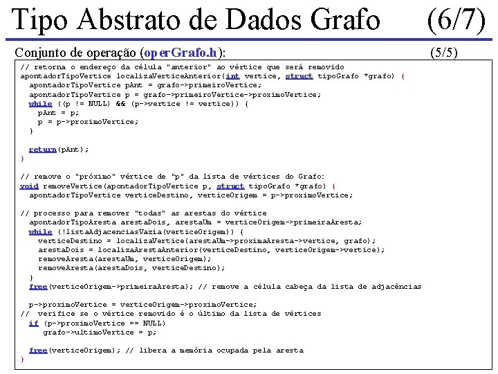 Tipo Abstrato de Dados Grafo (6/7) Conjunto de operação (oper. Grafo. h): (5/5) // Tipo Abstrato de Dados Grafo (6/7) Conjunto de operação (oper. Grafo. h): (5/5) //