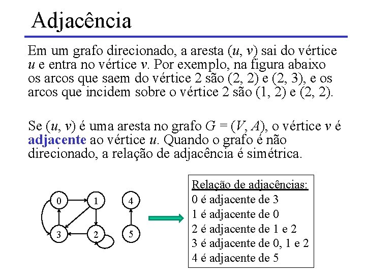 Adjacência Em um grafo direcionado, a aresta (u, v) sai do vértice u e Adjacência Em um grafo direcionado, a aresta (u, v) sai do vértice u e