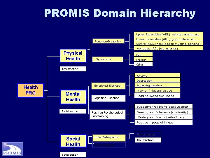 PROMIS Domain Hierarchy Upper Extremities (ADL): walking, arising, etc. Function/Disability Lower Extremities (ADL): grip,