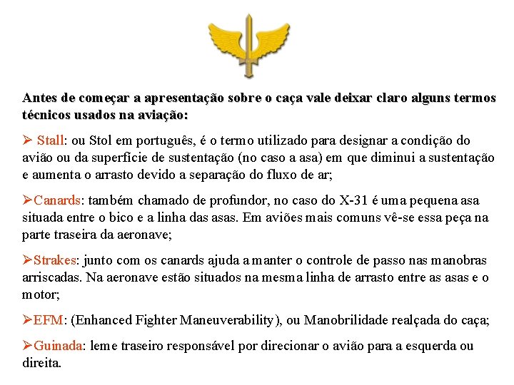 Antes de começar a apresentação sobre o caça vale deixar claro alguns termos técnicos