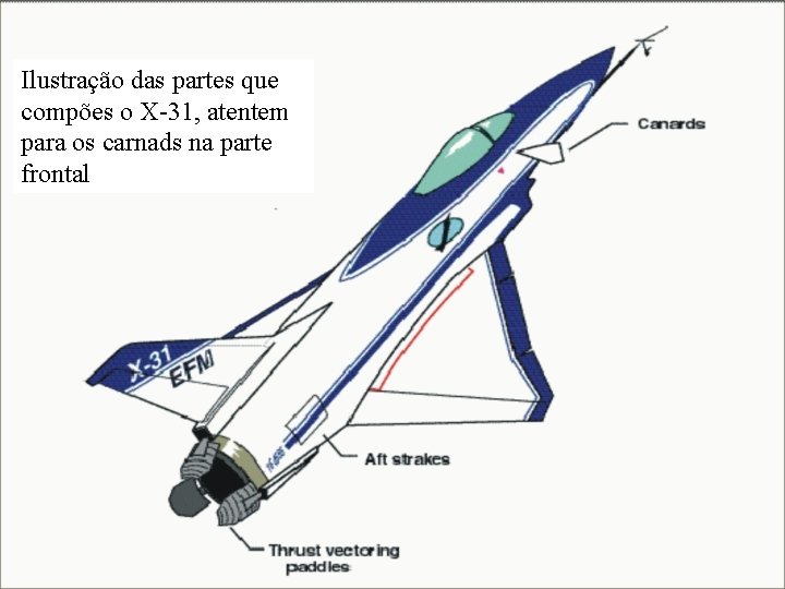 Ilustração das partes que compões o X-31, atentem para os carnads na parte frontal