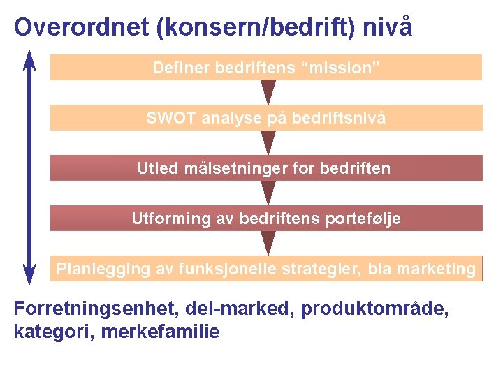 Overordnet (konsern/bedrift) nivå Definer bedriftens “mission” SWOT analyse på bedriftsnivå Utled målsetninger for bedriften Overordnet (konsern/bedrift) nivå Definer bedriftens “mission” SWOT analyse på bedriftsnivå Utled målsetninger for bedriften