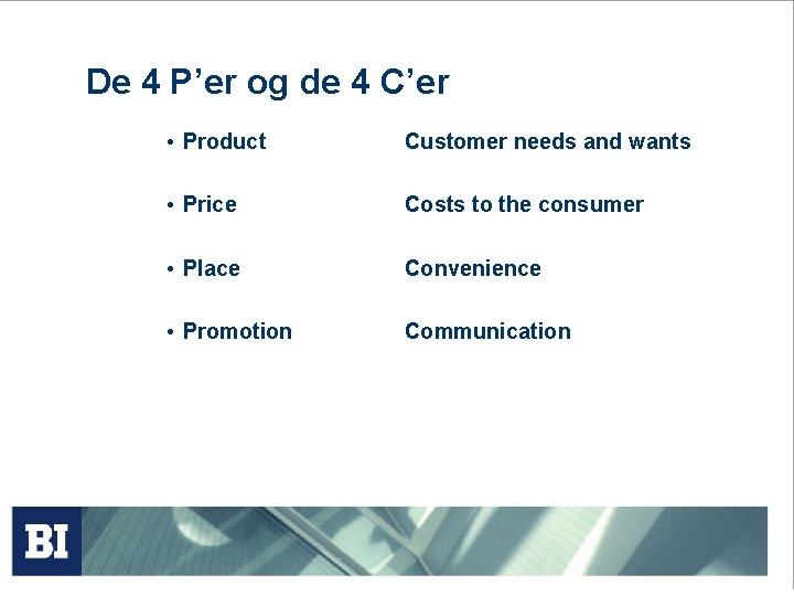 De 4 P’er og de 4 C’er • Product Customer needs and wants • De 4 P’er og de 4 C’er • Product Customer needs and wants •