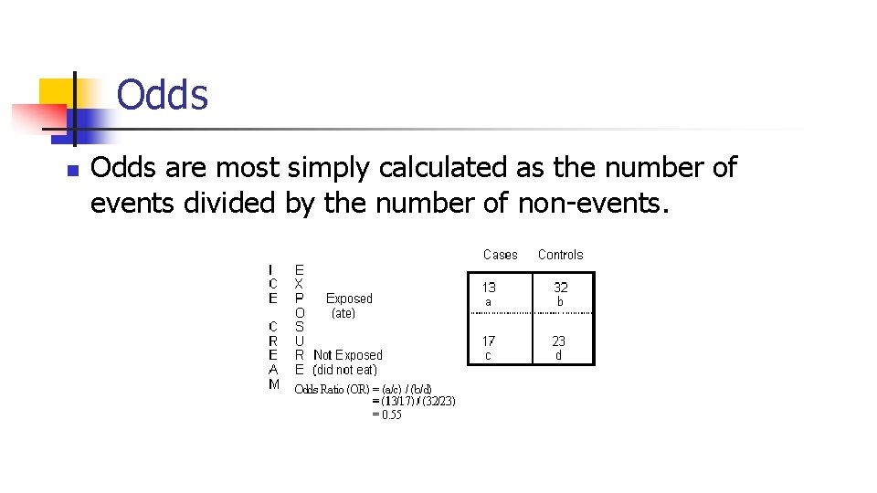 Odds n Odds are most simply calculated as the number of events divided by