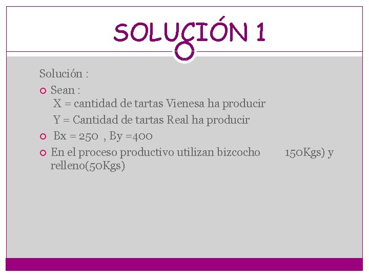 SOLUCIÓN 1 Solución : Sean : X = cantidad de tartas Vienesa ha producir