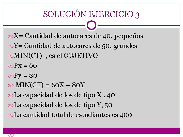 SOLUCIÓN EJERCICIO 3 X= Cantidad de autocares de 40, pequeños Y= Cantidad de autocares