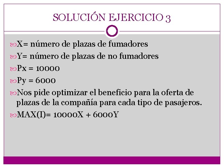 SOLUCIÓN EJERCICIO 3 X= número de plazas de fumadores Y= número de plazas de